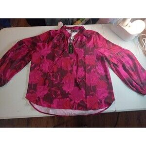 DG2 by Diane Gilman Printed Woven Lantern Sleeve Blouse Wine Floral